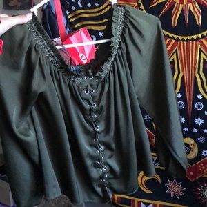 off the shoulder green silk blouse